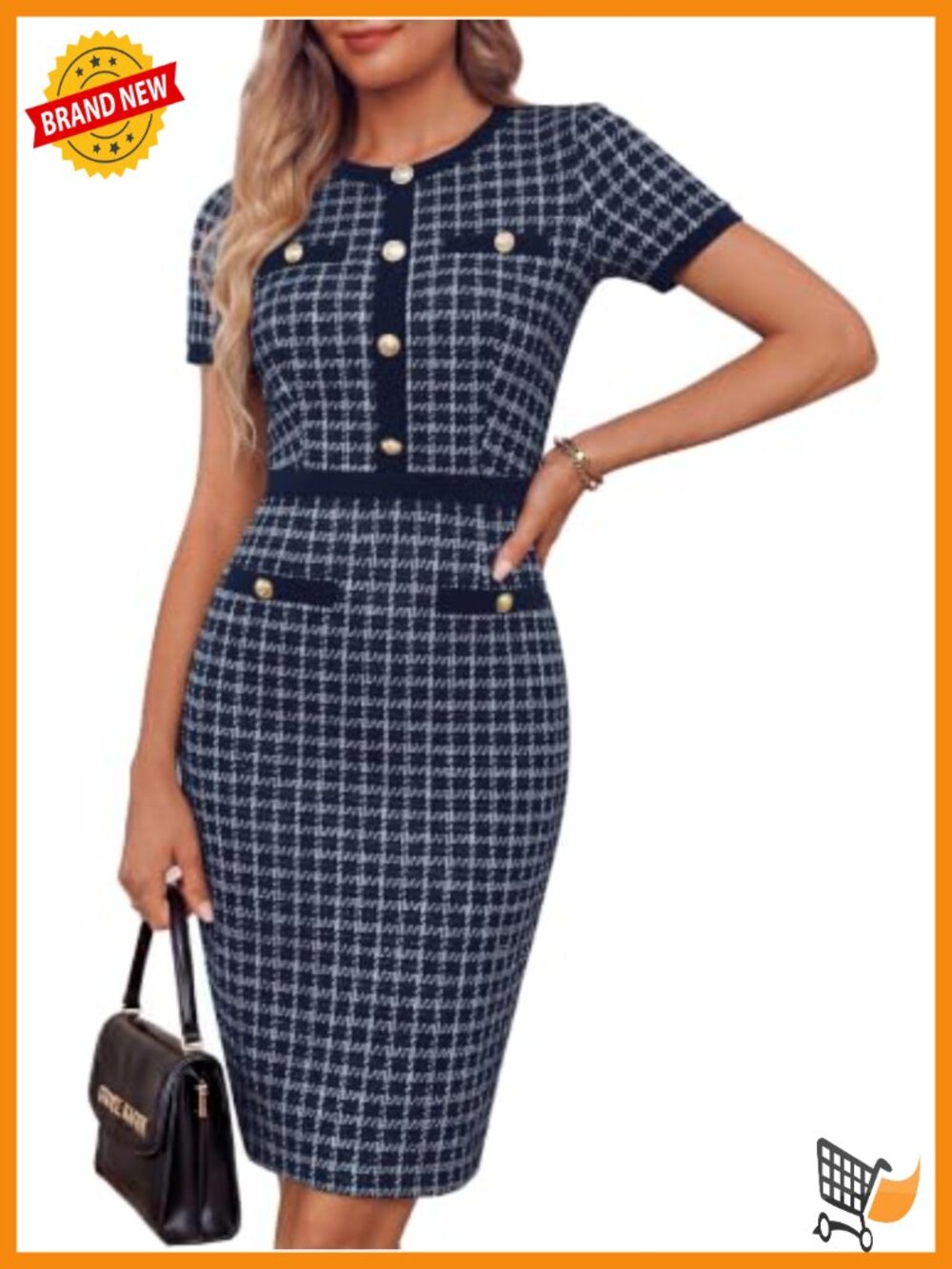 Short Sleeve Bodycon Tweed Plaid Dress Crew Neck Work Office